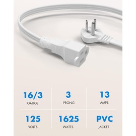 Flat Plug Short Extension Cord 1Ft-Low Profile Flat Plug 3 Prong 16 AWG, 1625W Grounded Indoor Power Cable Outlet Saver for Kitchen Home Office Room Appliance [White, 2 Pack]