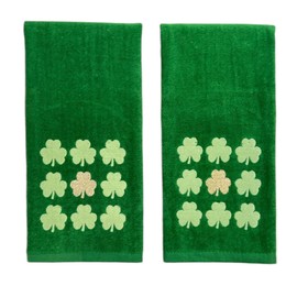 Serafina Home St. Patrick's Day Irish Kitchen Bath Guest Hand Towels: Soft Absorbent Embroidered Green and Gold Shamrocks Clovers, 100% Cotton, Green, 16" x 25"