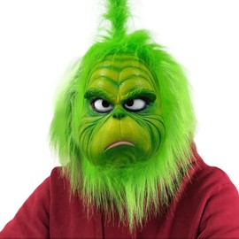 Amzeeniu Grinch Mask Adult, Grinch Costume, Grinch Mask, Christmas Headpiece, Latex Performance Props, Cute Props, Green Monster Mask, Garden Yard Party (Furry Green Santa Mask)