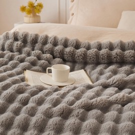 COOVA Faux Rabbit Fur & Flannel Throw Blanket 50x60 Inch - Luxury Fuzzy & Cozy Soft Blanket for All Seasons, Breathable and Comfortable for Bed, Sofa, Couch, and Camping,Grey