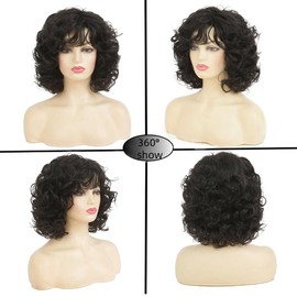 Kaneles Women Short Black Curly Bob Wigs with Bangs Shoulder Length Naturel Fluffy Synthetic Hair Wigs for Daily Party Use