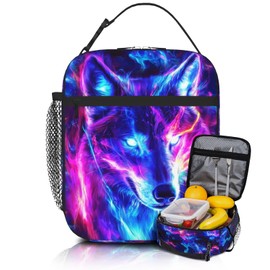 Quelindra Wolf Lunch Box For Kids Boy Girls，Wolf Blue Purple Galaxy Lunch Box，Starry Insulated Lunch Bag，Reusable Leakproof Animal Print Lunchbox Cooler Tote Meal Bags For School Picnic Travel
