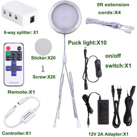 AIBOO Linkable Under Cabinet LED Lighting 12V Dimmable Puck Lights with Wireless RF Remote Control, Hardwired & Wall Plug in for Furniture Cupboard Lighting(10 Lights, Warm White)