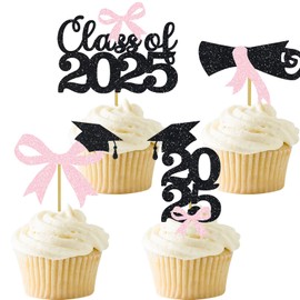 Pink Bow Graduation Cupcake Toppers Class Of 2025 High School College Grad Party Decoration