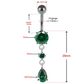 Dark Blue Crystal Stone Round with Teardrop CZ Stone Dangling 925 Sterling Silver with Stainless Steel Belly Button Ring