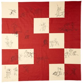 Yamamoto Hitoto Shoten Japanese Goods Kyoto Small Goods KURUMI Large Furoshiki Shantung Sankabu Furoshiki Chojujin Caricature, A-Aka, Approx. 41.7 x 41.3 inches (106 x 105 cm)