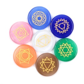 Tiardey Healing Stones - 7 Polished Round Engraved Stones Reiki Healing Opal Balance Chakras Holistic Stones -7 Gold Carved Characters Chakra Stones