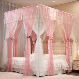 AIOOO 4 Corners Post Princess Curtains Bed Canopy for Girls 8 Panels Curtain- Double Layer Sheer Mesh Canopies Drapes Girls Room Decor (8P-Pink/White, 4P(33"x82") W+4P(43"x82") L/(Queen))