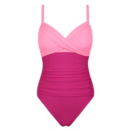 Firpearl - Traje de baño de una pieza para mujer, con aros, de apoyo, con pliegues cruzados, con control de abdomen, Degradado rosa hot, 8