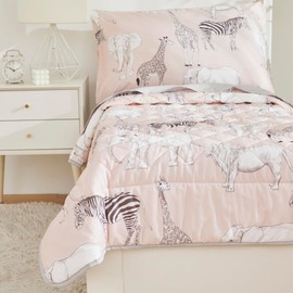 Brandream 4 Piece Safari Toddler Bedding Sets for Girls Boys 100% Cotton Pink Gray Jungle Animals Crib Bed Sheets Set for Baby Bed in a Bag, Include Comforter, Flat Sheet, Fitted Sheet, Pillowcase