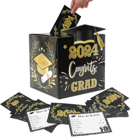 Graduation Party Decoration-2024 Graduation Cap Card Box Holder with 36 Pcs Congrats Grads for Graduation Decorations Class of 2024 Graduation Party Decoration Grad Prom Gifts Party Supplies（Black）