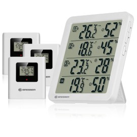 Bresser Quadro NV Thermo-Hygrometer with 4 Measuring Points, Integrated Sensor and 3 Wireless Sensors, Smiley Comfort Indicator, Min/Max Memory, IP44