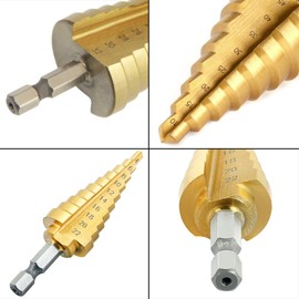 3 Pcs Titanium Step Drill Bit Set, YOCZOX Multi-Sizes HSS Cone Drill Set with 1/4 Inch Hex Shank, 4-12mm / 4-20mm / 4-32mm for Sheet Metal, Brass, Wood, Plastic, Aluminum, Copper and PVC etc.