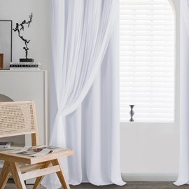 DWCN White Blackout Curtains with Sheer Overlay Thermal Insulated Mix & Match Double Layer Window Panels for Bedroom Living Room Drape Sewn with Tiebacks Grommet Top 52" Wx108 Lx2