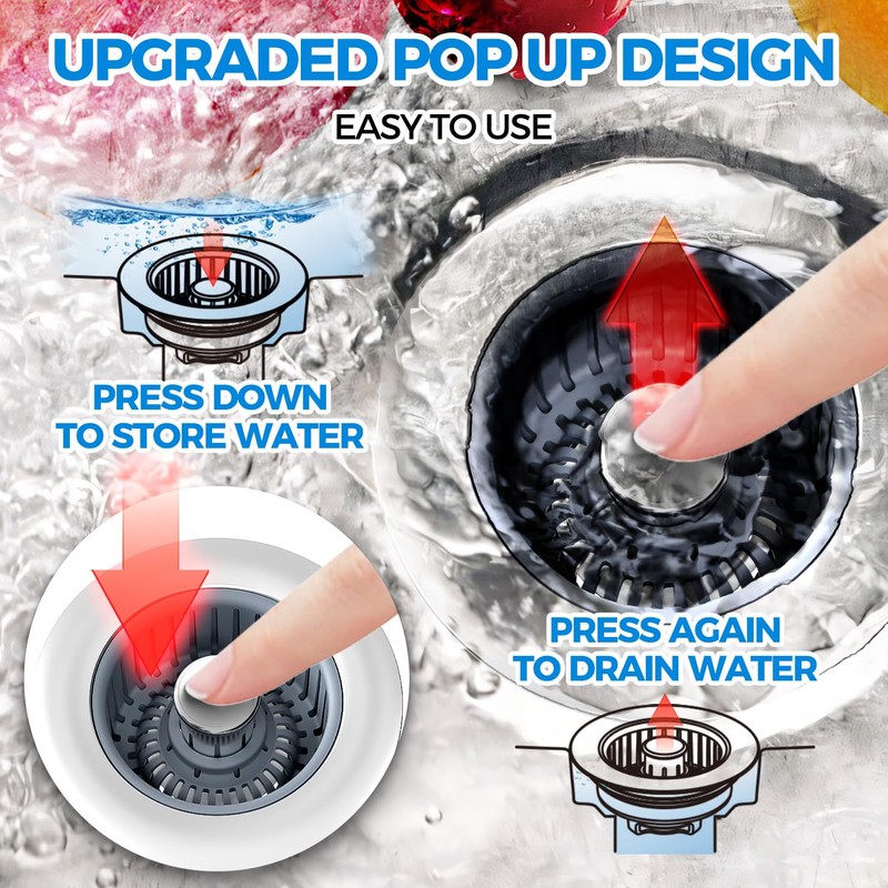 Upgraded 2Pack 3in1 Kitchen Sink Drain Strainer & Sink Stopper,