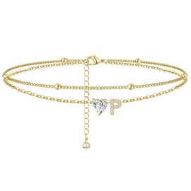 TCXOO Anklets Bracelets for Women 14k Gold Plated Waterproof CZ Initial Anklet for Women Layered Letter Heart Ankle Bracelets Beach Adjustable Foot Chain