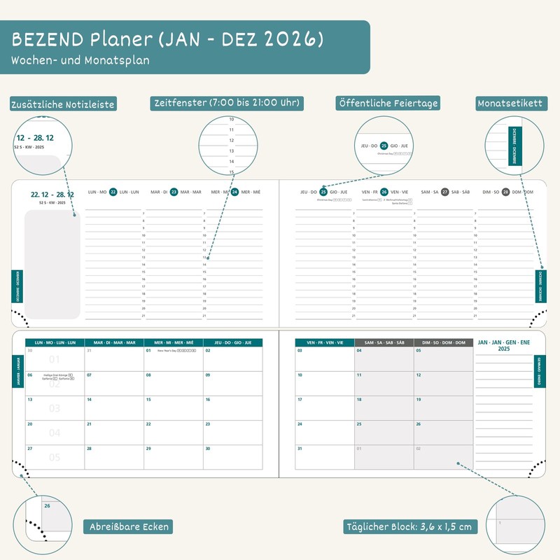 BEZEND Pocket Calendar 2026 Small Landscape Format 9 x 16.5