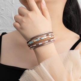 Rantanto Boho Braided Leather Wrap Bracelet Trendy Layered Cuff Bracelets Bohemian Stackable Fashion Bracelet Jewelry For Women (Boho Brown)