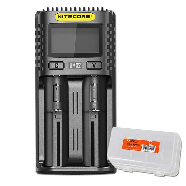 NITECORE UMS2 Intelligent USB Dual-Slot Quick Battery Charger for Li-Ion/Ni-MH/Ni-Cd/IMR 16340 14500 18650 21700 20700 AA AAA and More Batteries, with LumenTac Battery Organizer
