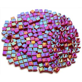 CHICSHIS 0.66lbs Ruby Red Iridescent Mosaic Tiles, 3/8" Square Glass Pieces With Smooth Edges, Ideal for Making Supplies, Small Colored Glass Tiles for DIY Coaster Projects