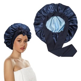 Satin Hair Cap for Women, Double Sided Silk Bonnet for Sleeping, Sleep Cap, Hair Protect for the Night Bonnet with Elastic Band (Dark Blue)