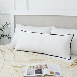 LIGICKY Long Lumbar Cushion Cover 14x36 inch White Velvet Black Rope Edging Throw Pillow Cover Decorative Rectangular Body Pillow Case Accent Textured Cushion Cover for Bed Couch