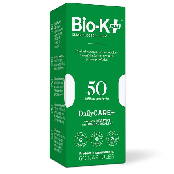 Bio-K + Daily Care Plus Probiotic Supplement Capsules for Adult Men and Women, 50 Billion Active Bacteria, Promotes Immune System Health - Vegan & Gluten-Free Delayed Release, 60 Capules/Box