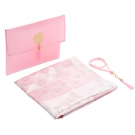Muslim Prayer Rug with Portable Bag and Prayer Beads, Eid Gift Islam Set Embroidery Thin Soft Prayer Carpet Mat for Kids, Men, Women (Pink)