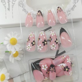 Spring Press on Nails Almond Medium Fake Nails Pink Nails Press ons Glossy Glue on Nails French Acrylic Nails Summer False Nails with Black White Flower Designs Cute Stick on Nails for Women 24Pcs