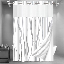 SSCRCUSLY 71x84 Inches White No Hook Grey Striped Shower Curtain with Snap in Liner Set, Modern Hotel Style Fabric Washable Inner Liner, Bathroom Curtains with See Through Mesh Top Window