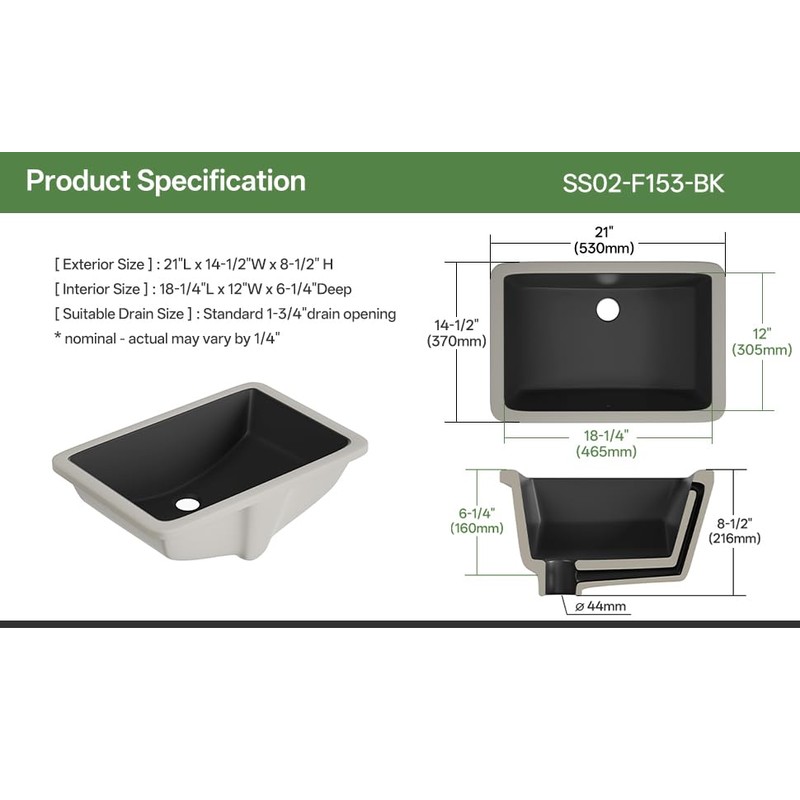 SmartSylva 21" Black Undermount Bathroom Sink, Rectangular Porcelain Ceramic Lavatory