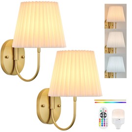 PASSICA DECOR Battery Operated Wall Sconce Set of 2, Wireless Rechargeable LED Lights ，Dimmable Remote Control， Pleated Fabric Shade, Gold Finish for Bedroom, Living Room, Bedroom