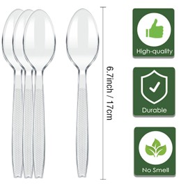 100PCS Disposable Plastic Spoons, PILZUME 6.7 Inch Clear Heavy Duty Spoons, Durable Extra Heavyweight Spoons for Party Picnic Barbecue Restaurant Dinner Family Gatherings, Clear