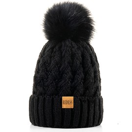 REDESS Women's Winter Pompom Beanie Hat Fleece Lined Warm Hats Thick Slouchy Snow Crossed Cap for Women, 5 Black, Einheitsgröße