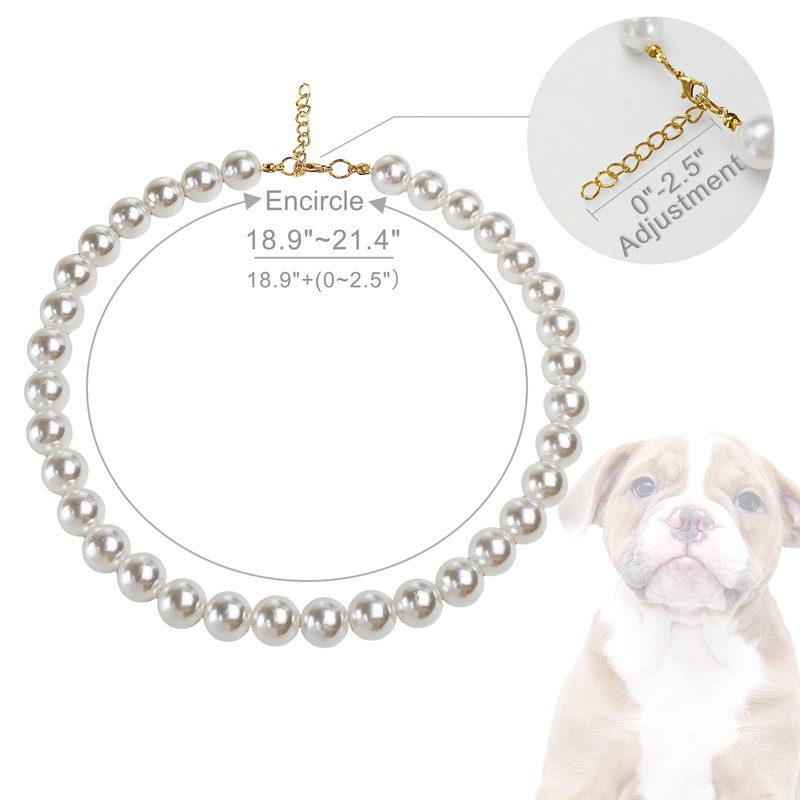 MLUOVI Chunky Pearl Dog Collar, Large Breed, White, 17"-19.8" (14mm