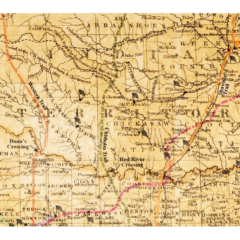 Texas Map Store 1876 Great Texas & Southwestern Cattle Trails