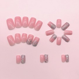 Mkwntg Glitter Press on Nails Short Square Fake Nails Silver Glitter Sequins False Nails Glossy Shiny Pink Full Cover Glue on Nails Reusable Acrylic Nail for Women Girls Manicure Nail Decoration 24Pcs