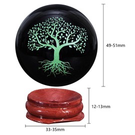 mookaitedecor Natural Black Obsidian Crystal Ball Engraved Green Tree of Life Polished Stone Sculpture Ball Figure with Stand for Feng Shui Home Decoration