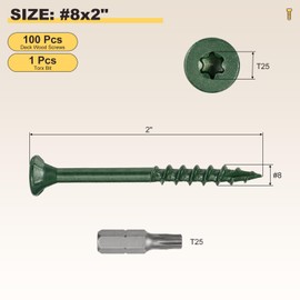METALLIXITY Deck Screws (#8x2) 100Pcs, Carbon Steel Wood Screw Decking Screws with T25 Torx Drive Head - for Wood Fence, Table, Chairs, Green