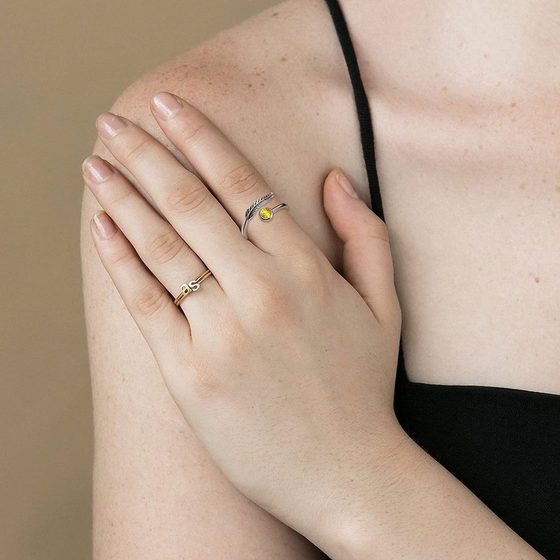 Birthstone Women's Adjustable Ring, 925 Sterling Silver, Feather Ring Birthstone