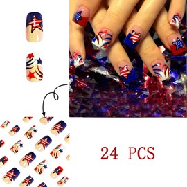 24Pcs 4th of July French Tips Press on Nails Short Square American Flag Star Designs Fake Nails Independence Day Fireworks Acrylic Stick on Nails for Women Girls DIY Manicure Decorations 24Pcs