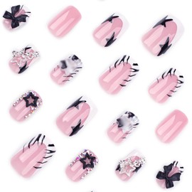 Short Press on Nails Square Fake Nails with 3d Charm Star Black Bow Designs Cute Acrylic Nails Press ons White Black French Tip Glue Stick on Nails for Women 24 Pcs