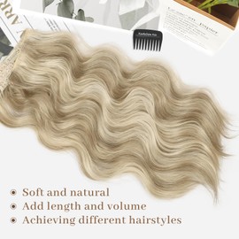 KooKaStyle Invisible Wire Hair Extensions Long Wavy Transparent Wire Hairpiece for Women Adjustable Size 4 Secure Clips 20 Inch Ash Brown mix Platinum Blonde