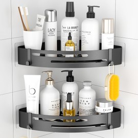 PNNP Shower Shelf No Drilling Corners: Shower Shelf Black Mat 2 Pieces - Bathroom Shelf with 4 Hooks Bathroom Organiser Rustproof for Shower Storage Shampoo and Shower Gel