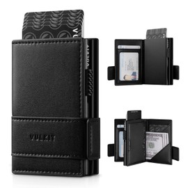 VULKIT - Portatarjetas plegable de piel plegable para hombre con bloqueo RFID, capacidad para 9 tarjetas y billetes (Negro)