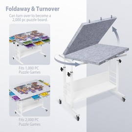 Tektalk 2000 Piece Foldable Felt Jigsaw Puzzle Board with Height Adjustment, Puzzle Table with 2 Felt Cover & 8 Sorting Trays/Drawers, Easel with Legs, Enclosed with 4 Roller Wheels (Light Gray)
