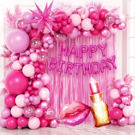 Hot Pink Birthday Decorations with Hot Pink Light Pink Confetti Balloons Happy Birthday Foil Balloons Fringe Curtains for Hot Pink Happy Birthday Decorations for Women Adults