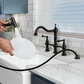 WOWOW Brass Kitchen Faucet with Side Sprayer, 8 Inch Centerset Bridge Faucet for Kitchen Sinks, 4 Hole Kitchen Faucet Bronze Vintage Farmhouse Kitchen Sink Faucet