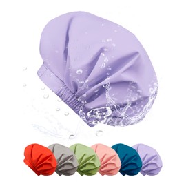 Reusable Shower Cap for Women, Large Waterproof Shower Bonnet Washable Elastic Band Bath Hair Hat for Long Hair, Braids (PURPLE)