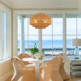 Tunkayli Hand-Woven Rattan Chandelier 20in Boho Chandelier Vintage Light Fixtures 4-Light Gold Coastal Bamboo Wicker Chandelier for Dining Room Bedroom Kitchen Island Entryway